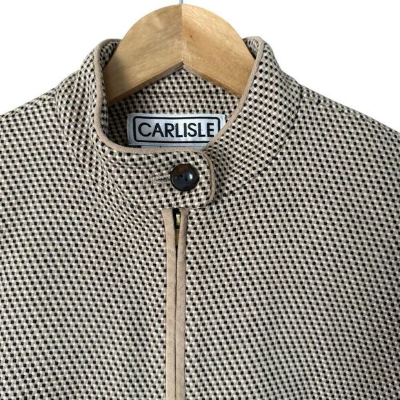 Carlisle Vintage 90s Woven Wool Blazer Jacket Tan Black High Collar Zip Up, Sz 4 - Picture 2 of 12